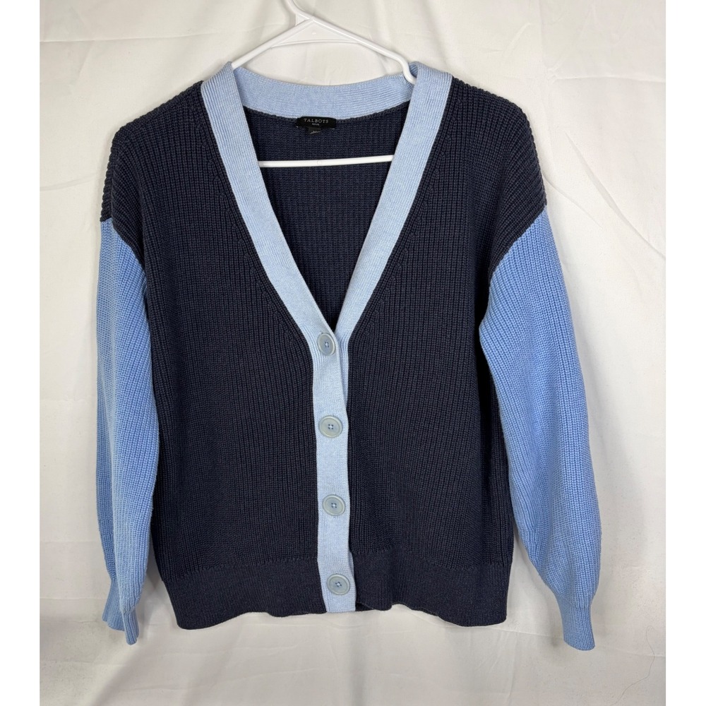 Talbots Petite LP Pima Cotton Cardigan Sweater Navy Blue Light Blue Button Front - Picture 9 of 10